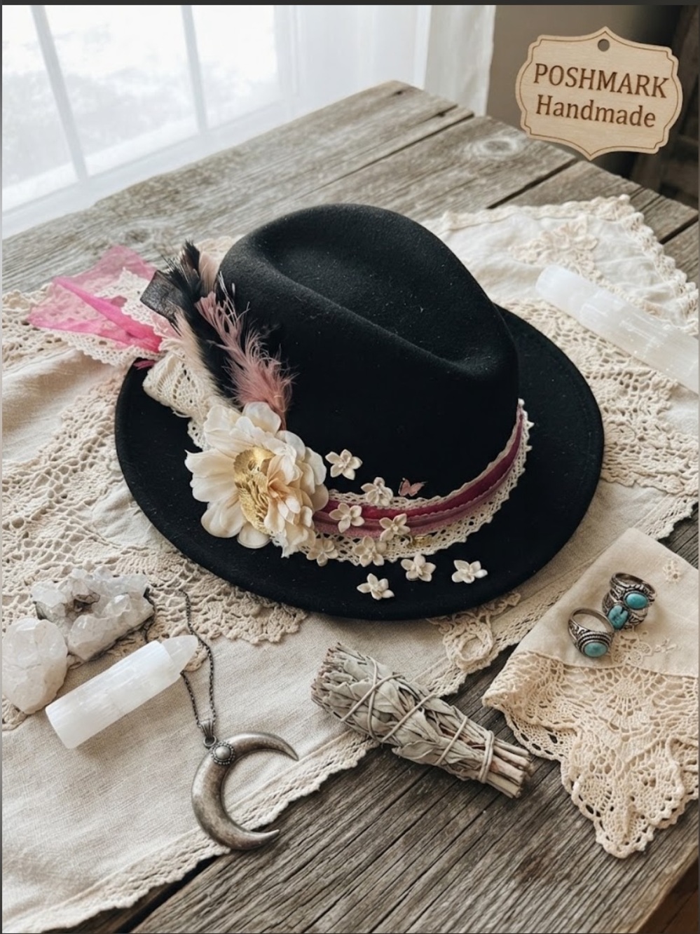 36. Custom Upcycled
Lite Felt 100% Wool Black Boho Festival Hat Large